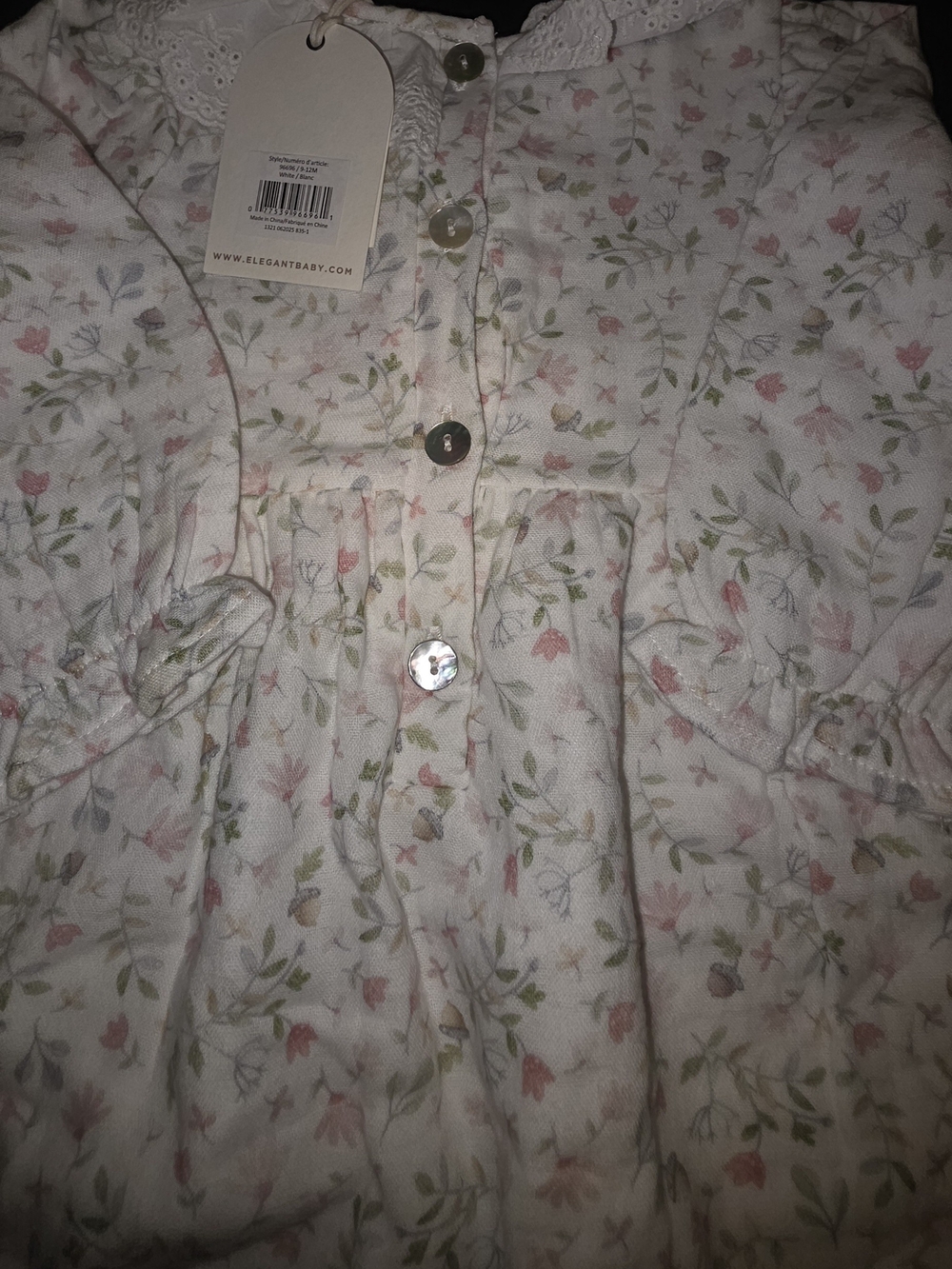 Elegant Baby Delicate Floral Ruffle Collar Baby Romper - White with Pink & Green - Picture 12 of 12